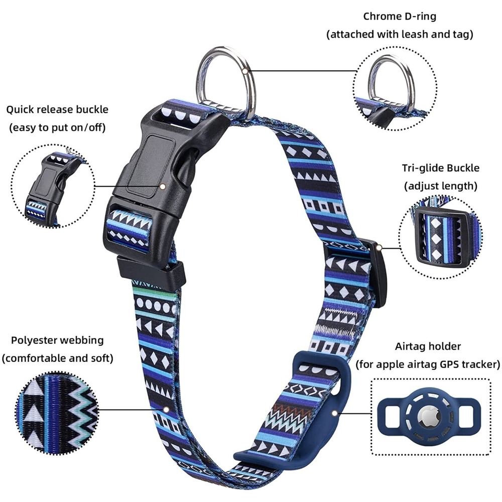 Airtag Dog Collar Large Bohemia Navy Blue with Silicone Holder New